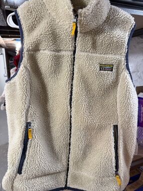 L.L. Bean Cream Sherpa Vest with Navy Trim and Yellow Accents